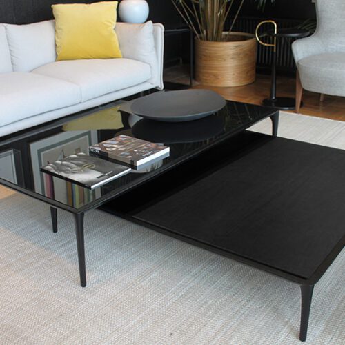 MESA DE CENTRO MOGANO 120X120 TOPE EBANO 160 TOPE VIDRIO