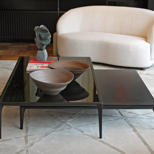MESA DE CENTRO MOGANO 120X120 TOPE EBANO 160 TOPE VIDRIO